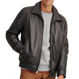 Black Waist Length Leather Bomber Jacket – Jean