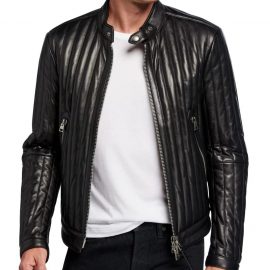 Men’s Vertical Channel Leather Biker Jacket – Natanaele